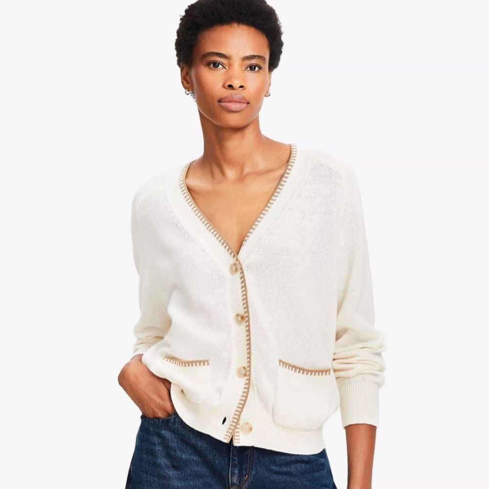 LOFT XL Ivory Tan Artfully Tipped Knit Button Front Pocket Cotton Cardigan
